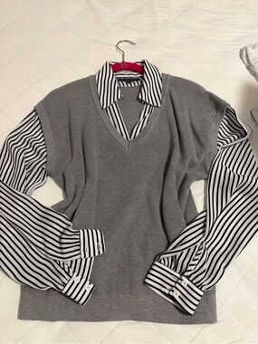Adrianna Papell Gray V-Neck Sweater Vest with Black & White Striped Shirt